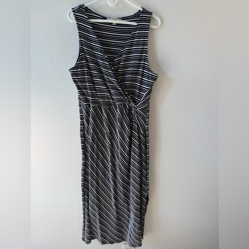 LOFT Black and White Striped Faux Wrap Midi Dress